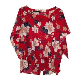 EUC Zara Red Floral Split-back Kimono Top Size M